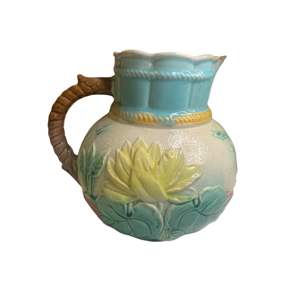 Samuel Lear Majolica Pitcher Water Pond Lily Rope Antique Victorian Chips